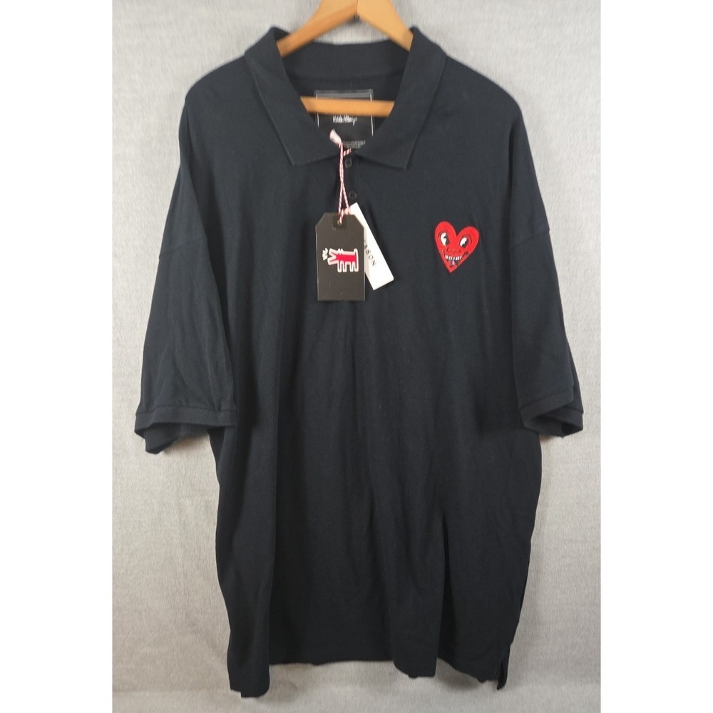 Keith Haring Reason Black Short Sleeve Polo Shirt Mens 3XL Heart Graphic Art NEW